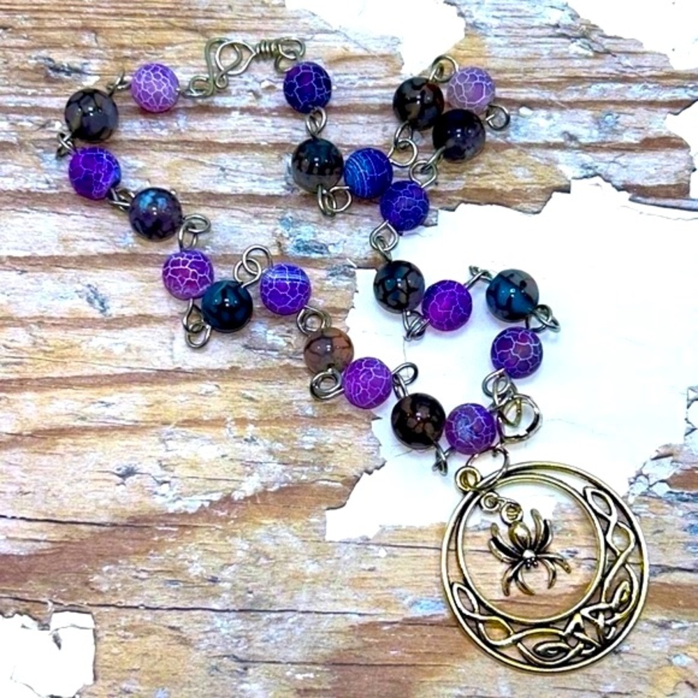 Handmade Celtic Spider Pendant Necklace with Natural Purple Amethyst Stones!